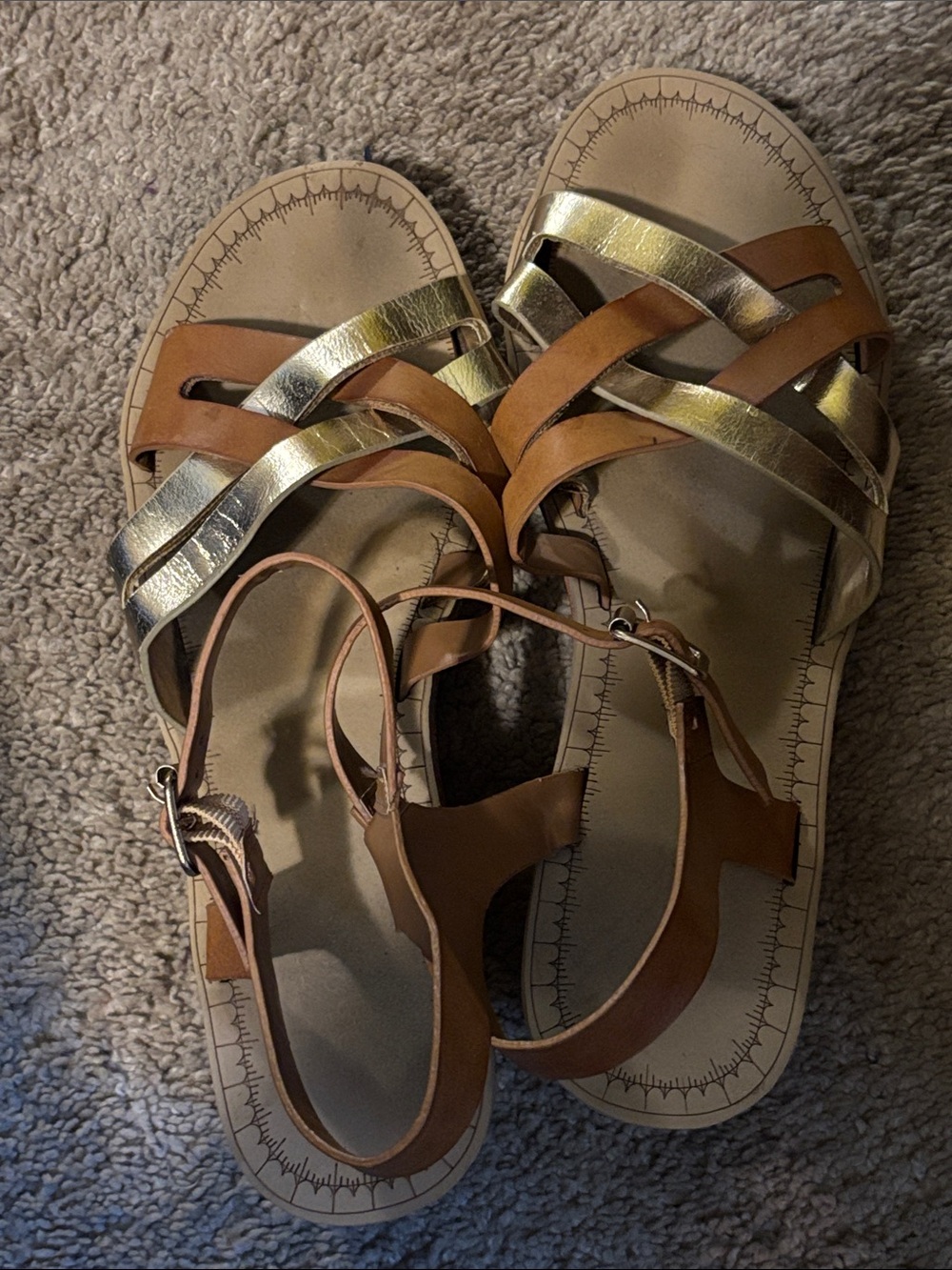 BAMBOO Tan and Gold Braided Strap Flat Sandals